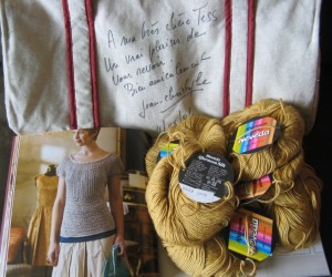 Knitting bag, book and yarn